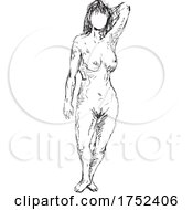 Poster, Art Print Of Nude Female Human Figure Posing With Hand Behind Head Front View Doodle Art Line