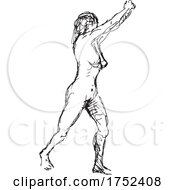 Poster, Art Print Of Nude Female Human Figure Striding With Hands Clasp Pointing Up Side View Doodle Art Line