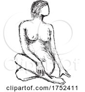 Poster, Art Print Of Nude Female Figure Posing Sitting Crossed Legged Looking To Side Doodle Art Line Drawing