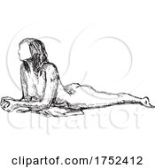 Poster, Art Print Of Nude Female Figure Model Posing Prone On Elbows Side View Doodle Art Continuous Line Drawing