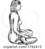Nude Female Figure Crossed Legged Sitting Side View Doodle Art Continuous Line Drawing