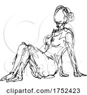 Poster, Art Print Of Nude Female Human Figure Model Posing Sitting Down Doodle Art Continuous Line Drawing