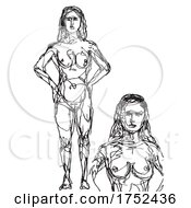 Poster, Art Print Of Female Human Figure Model Posing And Standing In The Nude Viewed From Front Doodle Art Continuous Line Drawing
