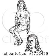 Poster, Art Print Of Female Human Figure Model Posing And Sitting In The Nude Viewed From Front Doodle Art Continuous Line Drawing