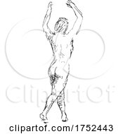 Poster, Art Print Of Nude Female Human Figure Standing With Hands Up Rear View Doodle Art Line Drawing