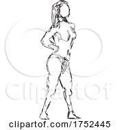Poster, Art Print Of Nude Female Figure Standing Hands On Hips Doodle Art Continuous Line Drawing
