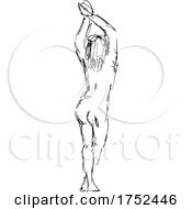 Poster, Art Print Of Nude Female Figure Standing Hands On Up Rear View Doodle Art Continuous Line Drawing