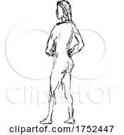 Nude Female Figure Standing Hands On Hip Side View Doodle Art Continuous Line Drawing
