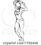 Poster, Art Print Of Nude Female Standing Hands On Back Of Head Doodle Art Continuous Line Drawing