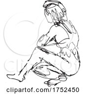 Poster, Art Print Of Nude Female Figure Sitting On Floor Side View Doodle Art Continuous Line Drawing