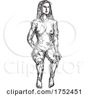 Poster, Art Print Of Female Human Figure Model Posing And Sitting In The Nude Viewed From Front Doodle Art Continuous Line Drawing