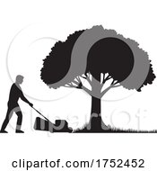 Poster, Art Print Of Silhouette Of A Gardener With Lawnmower Or Lawn Mower Mowing Grass Lawn With Oak Tree Stencil Illustration