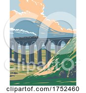 Steam Train On Railway Over Batty Moss Or Ribblehead Viaduct In Yorkshire Dales National Park England UK Art Deco WPA Poster Art
