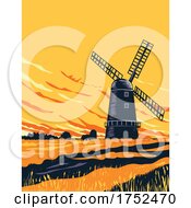 Poster, Art Print Of Drainage Windmill In Norwich In The Norfolk Broads Within The Broads National Park England Uk Art Deco Wpa Poster Art