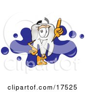 Poster, Art Print Of Tooth Mascot Cartoon Character Pointing Up And Standing In Front Of A Blue Paint Splatter On A Business Logo