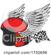 Poster, Art Print Of Biker Or Racing Helmet With Wings And A Flag