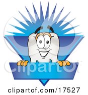 Poster, Art Print Of Tooth Mascot Cartoon Character On A Blank Blue Business Label