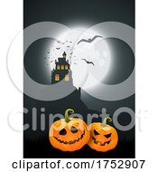 Poster, Art Print Of Halloween Background With Pumpkins And Spooky Castle Landscape Design