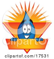 Poster, Art Print Of Water Drop Mascot Cartoon Character On An Orange And Yellow Label