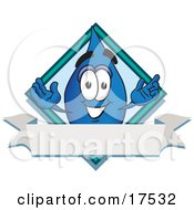 Poster, Art Print Of Water Drop Mascot Cartoon Character Over A Blank Banner On A Logo