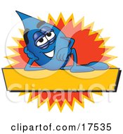 Poster, Art Print Of Water Drop Mascot Cartoon Character Reclining Over A Yellow Banner With An Orange Burst