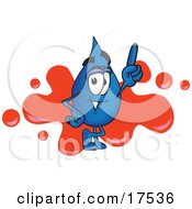 Poster, Art Print Of Water Drop Mascot Cartoon Character Pointing Up And Standing In Front Of A Red Paint Splatter On A Business Logo