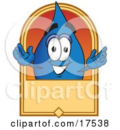 Poster, Art Print Of Water Drop Mascot Cartoon Character On A Blank Tan Label Logo Or Sign