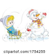 Poster, Art Print Of Snowman Pulling A Boy On A Sled