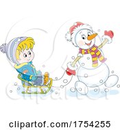 Snowman Pulling A Boy On A Sled