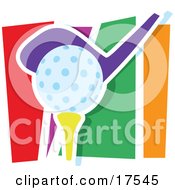 Golf Club Hitting A Ball On A Yellow Tee Against A Colorful Background Clipart Illustration
