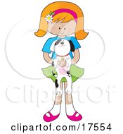 Poster, Art Print Of Cute Little Red Haired Girl With A Daisy Flower On Her Pink Headband Holding An Adorable Black And White Dalmatian Puppy In Her Arms