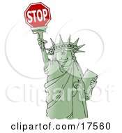 Poster, Art Print Of Green Statue Of Liberty Smiling And Holding The Torch High Above Her Head