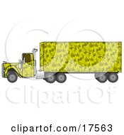 Yellow Camo Big Rig Truck Pulling A Matching Cargo Trailer