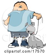 Little Caucasian Boy Walking His Grey Mutt Dog On A Leash