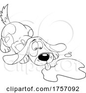 Black And White Cartoon Dog Lapping From A Puddle