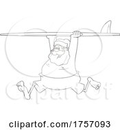 Black And White Cartoon Santa Clause Running With A Surfboard