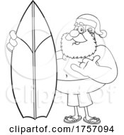 Black And White Cartoon Santa Clause Standing With A Surfboard