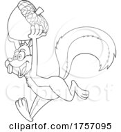 Black And White Cartoon Successful Squirrel Running With An Acorn