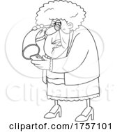 Poster, Art Print Of Black And White Cartoon Granny Using A Hearing Trumpet And A Cell Phone