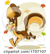 Poster, Art Print Of Cartoon Squirrel Running With An Acorn In The Fall