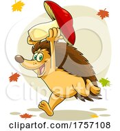 Poster, Art Print Of Cartoon Successful Hedgehog Running With A Mushroom In The Fall