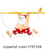 Cartoon Santa Clause Running With A Surfboard