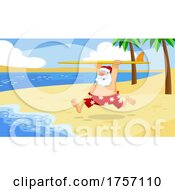 Cartoon Santa Clause Running On A Beach With A Surfboard