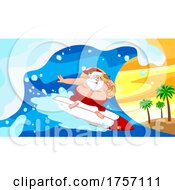 Poster, Art Print Of Cartoon Santa Clause Surfing A Wave