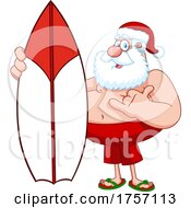 Cartoon Santa Clause Standing With A Surfboard