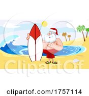 Cartoon Santa Clause Standing On A Beach With A Surfboard