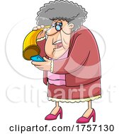 Cartoon Granny Using A Hearing Trumpet And A Cell Phone by Hit Toon