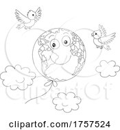 Black And White Floating Planet Earth Mascot And Birds