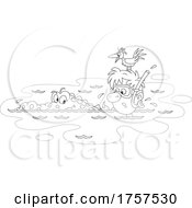 Poster, Art Print Of Black And White Bird On A Mans Head As Crocodile Swims By