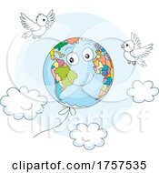 Poster, Art Print Of Floating Planet Earth Mascot And Birds